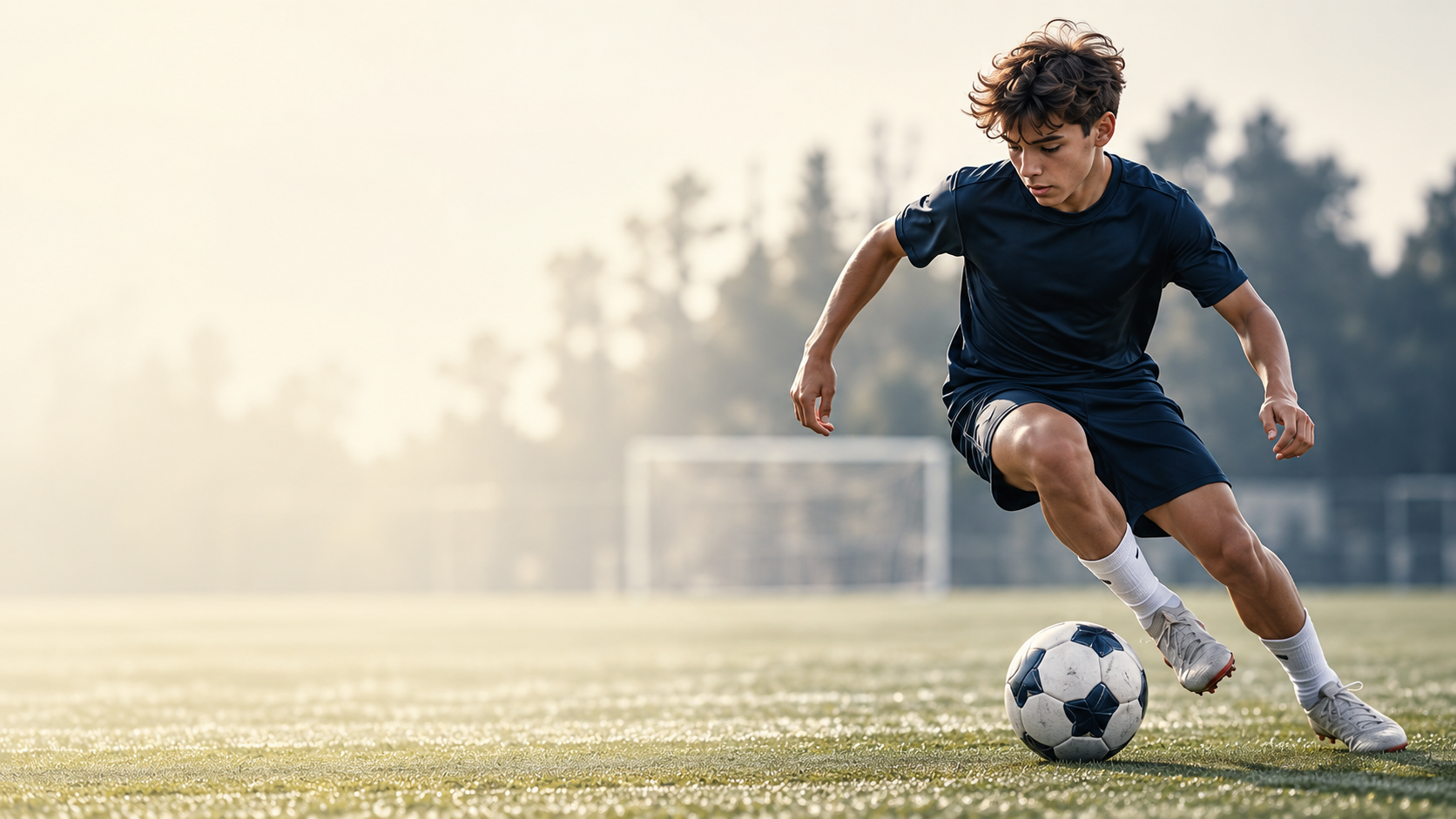 Soccer player practicing ball control on an outdoor training pitch